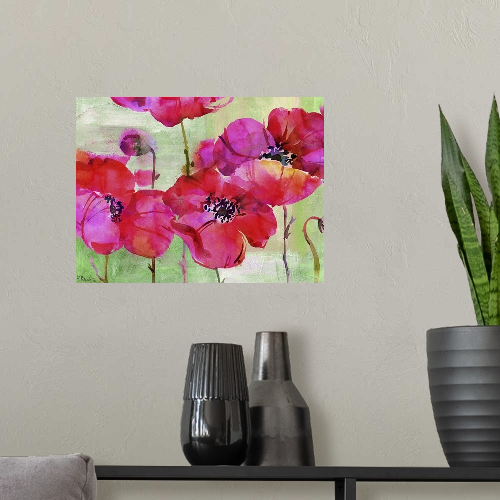 A modern room featuring Vibrant pink watercolor flowers.