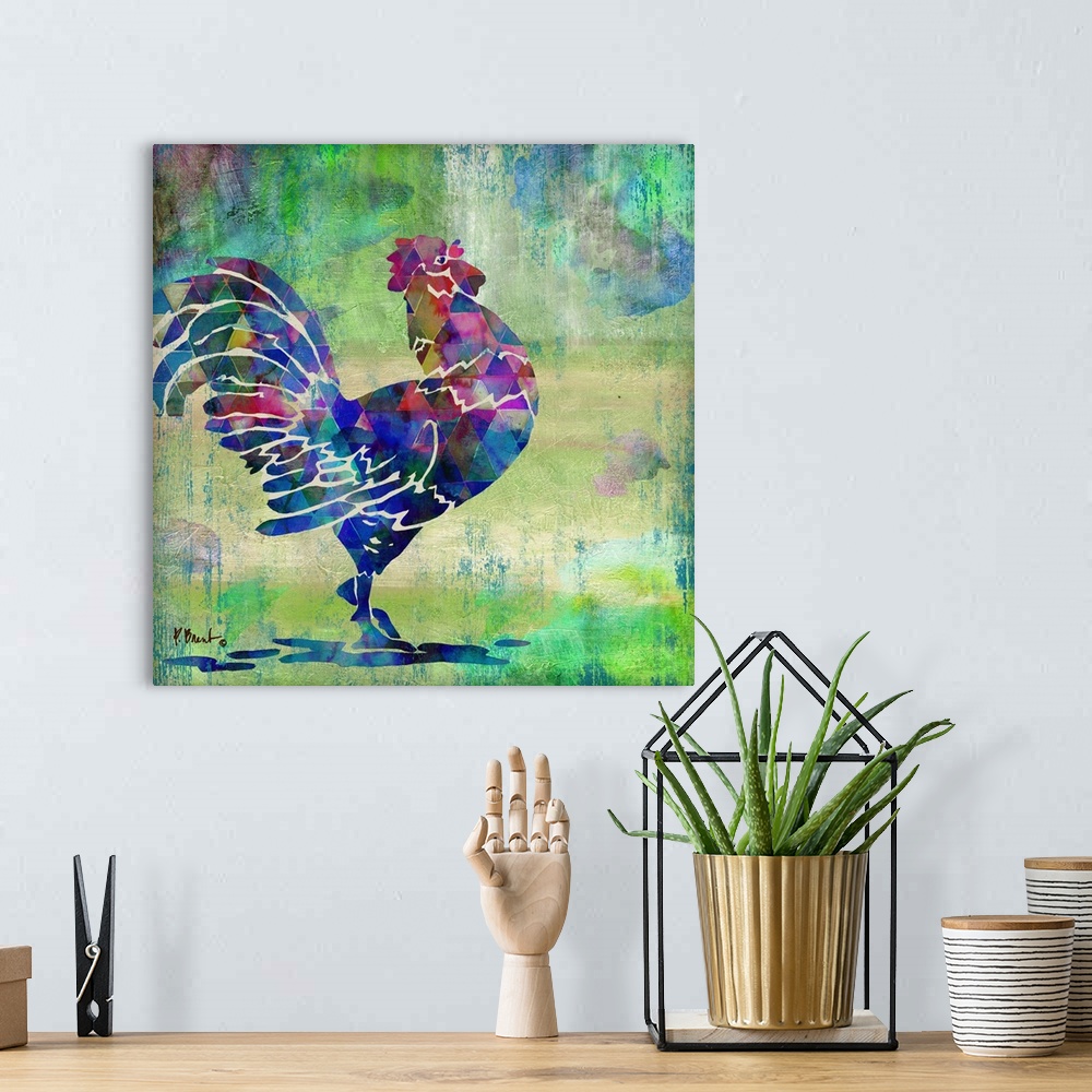A bohemian room featuring Watercolor painting of a crowing rooster in vivid blues and pinks.