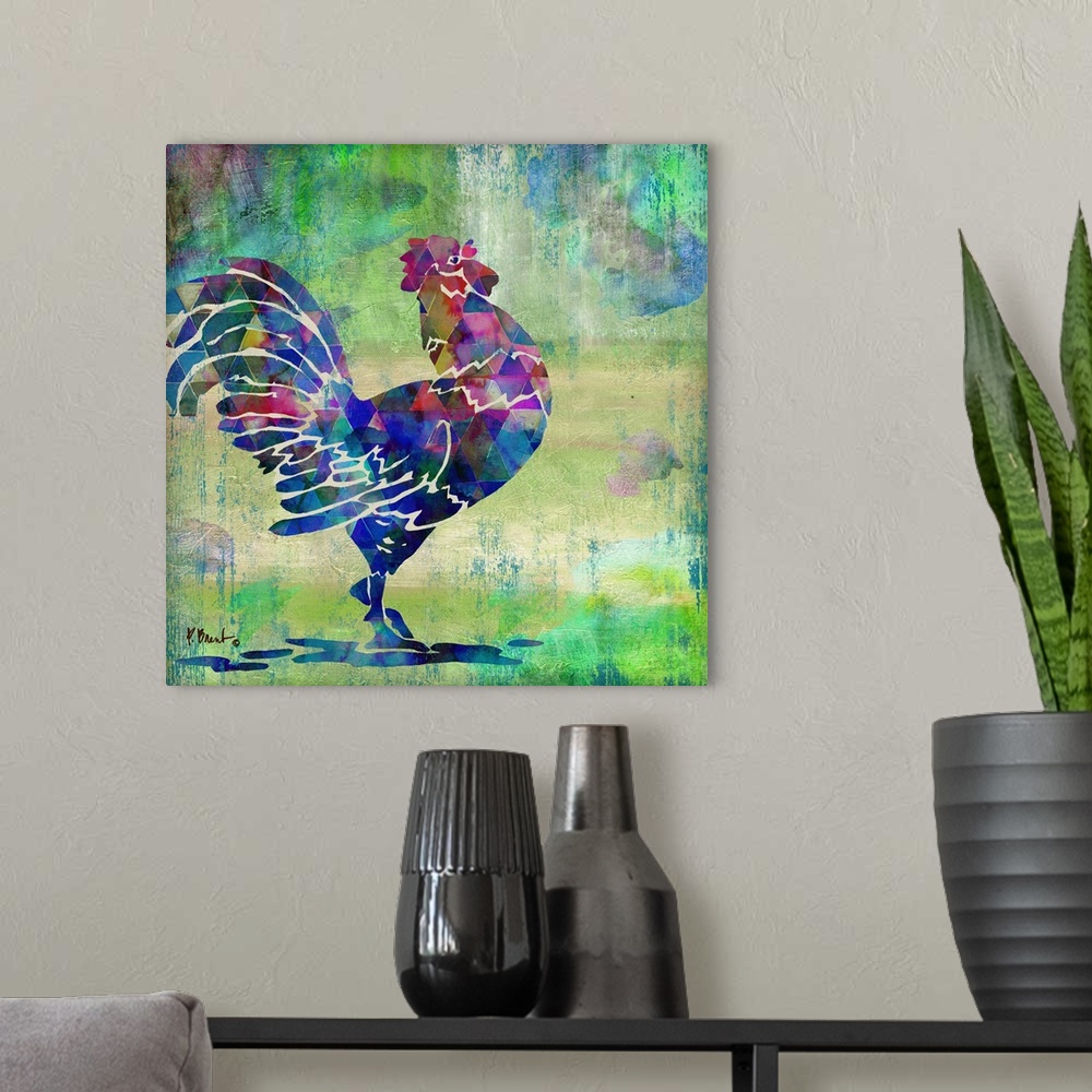 A modern room featuring Watercolor painting of a crowing rooster in vivid blues and pinks.