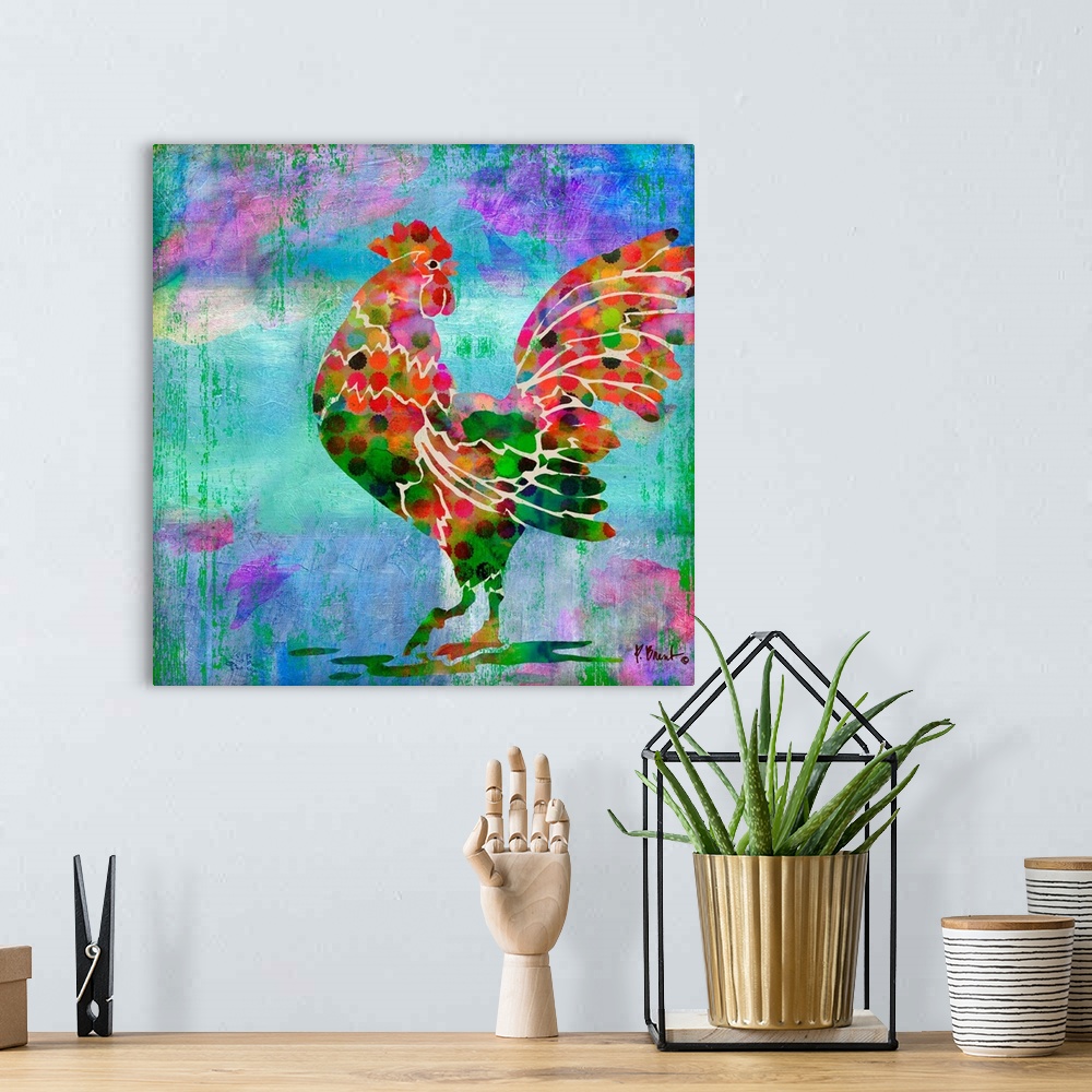A bohemian room featuring Watercolor painting of a crowing rooster in vivid reds and greens.