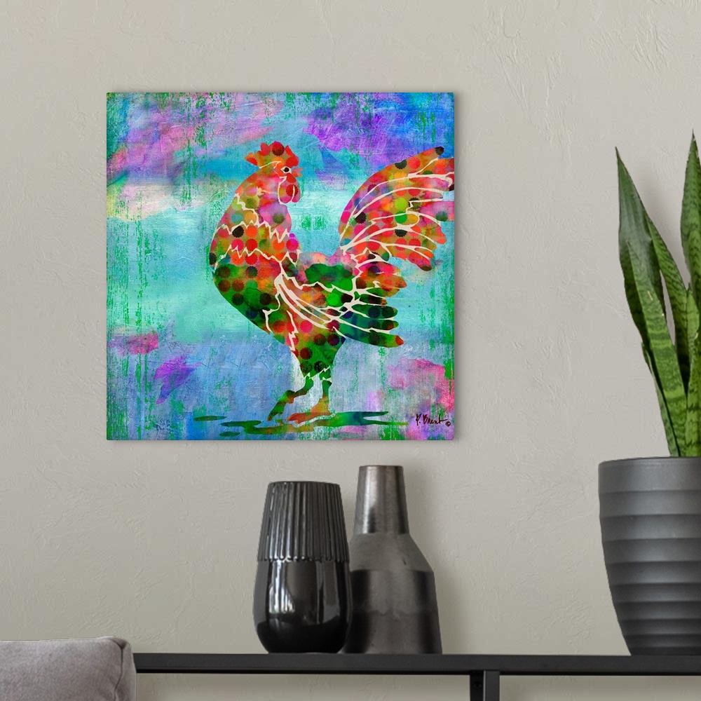 A modern room featuring Watercolor painting of a crowing rooster in vivid reds and greens.
