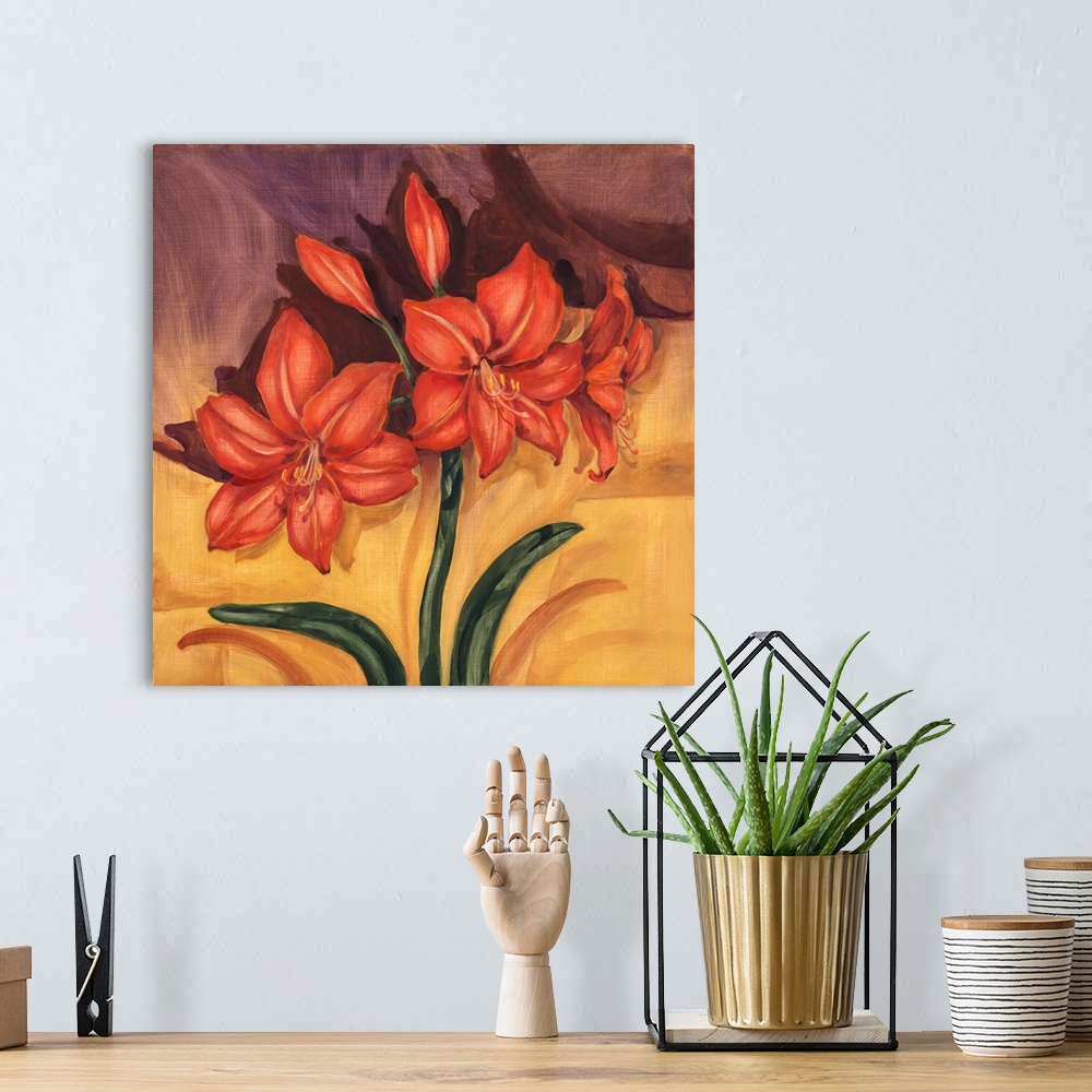 A bohemian room featuring Contemporary painting of a group of amaryllis flowers.
