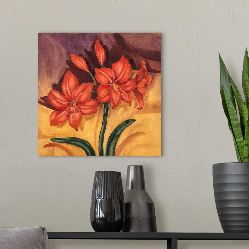 A modern room featuring Contemporary painting of a group of amaryllis flowers.