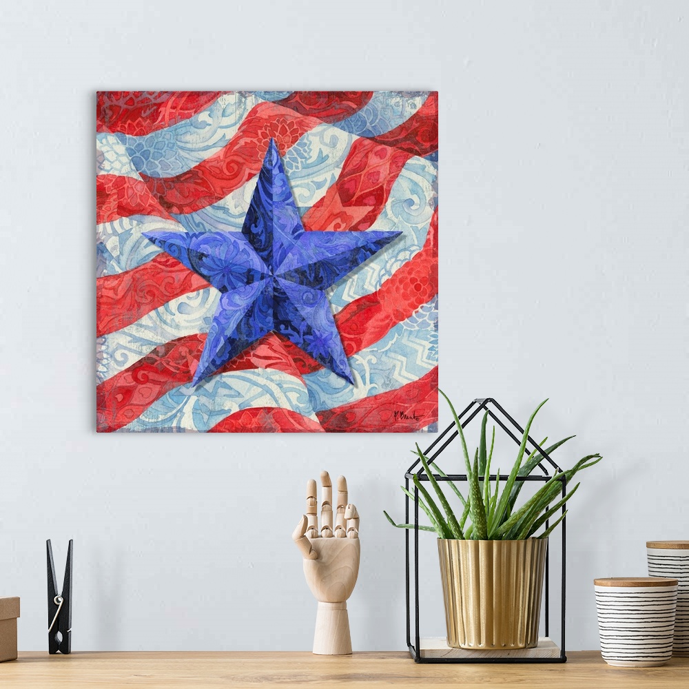 A bohemian room featuring Square decor with a blue painted star and a waving American flag in the background, all with deco...