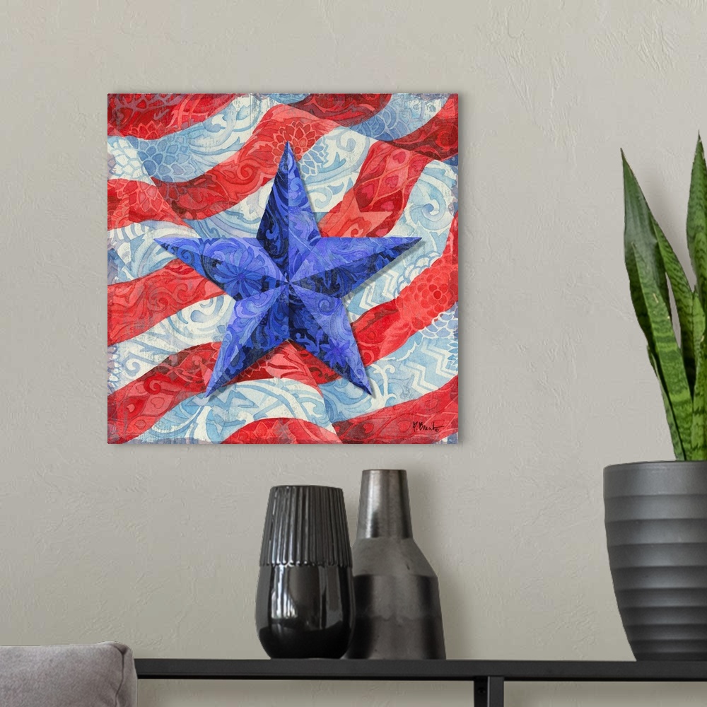 A modern room featuring Square decor with a blue painted star and a waving American flag in the background, all with deco...