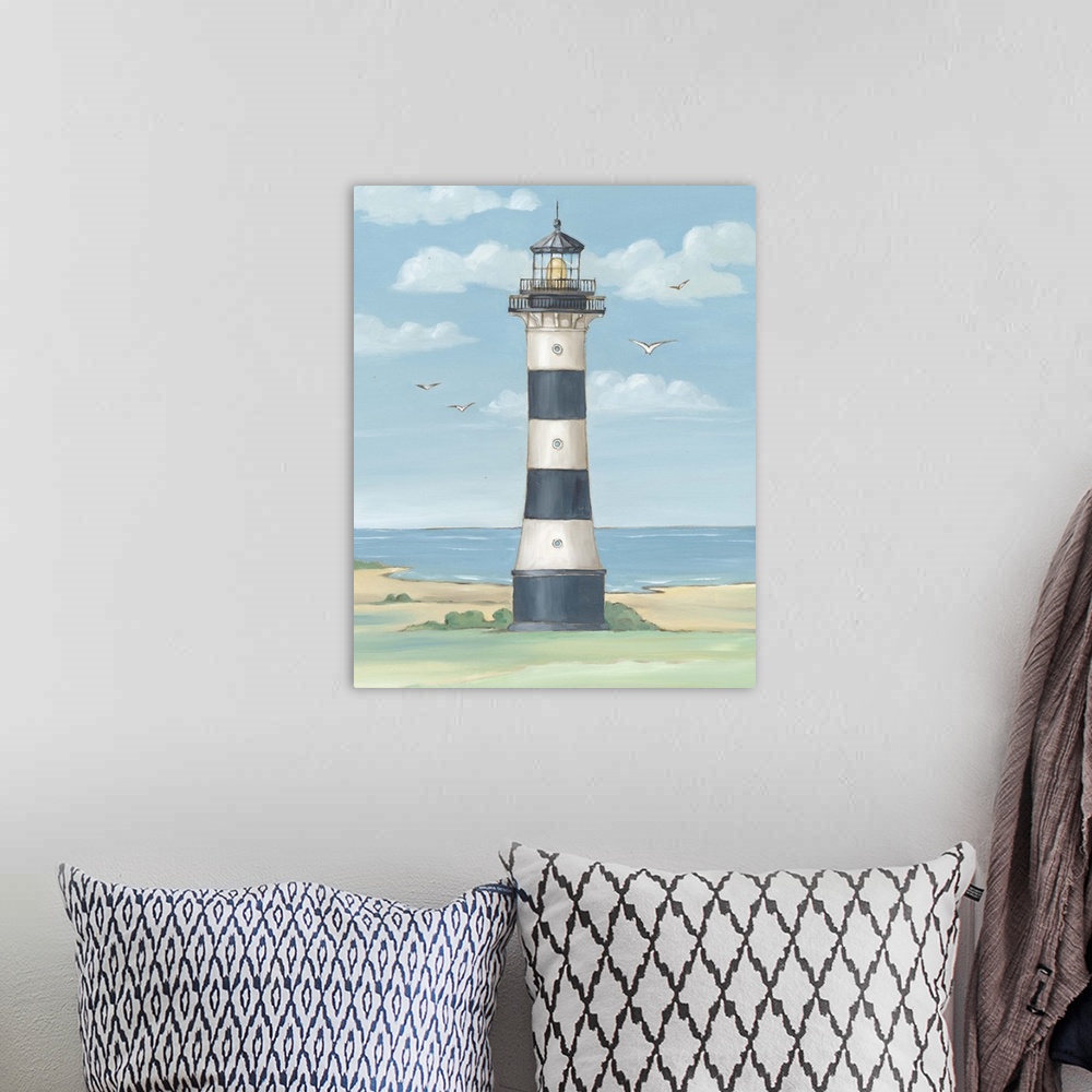 A bohemian room featuring Painting of the striped Cape Canaveral lighthouse in Florida.