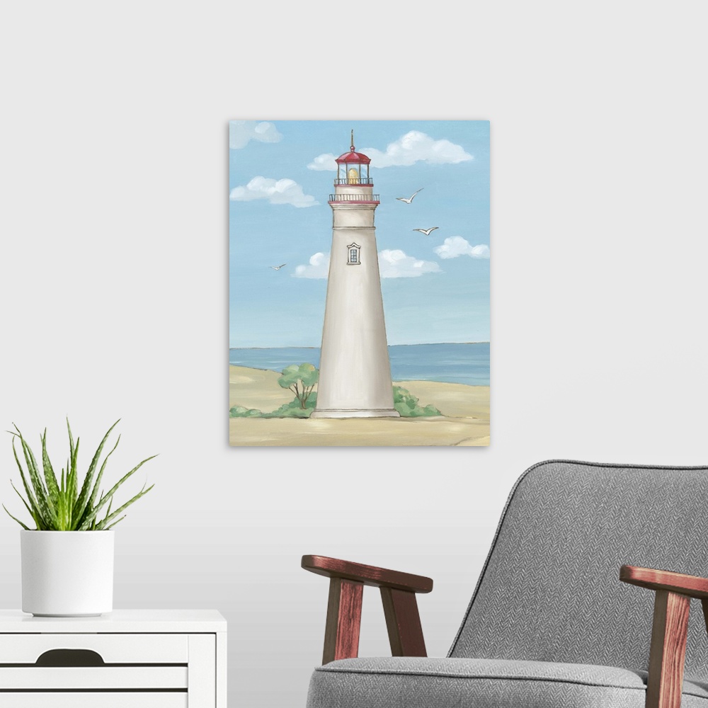A modern room featuring Painting of the Marblehead Light in Ohio, which is the oldest lighthouse still used in the United...
