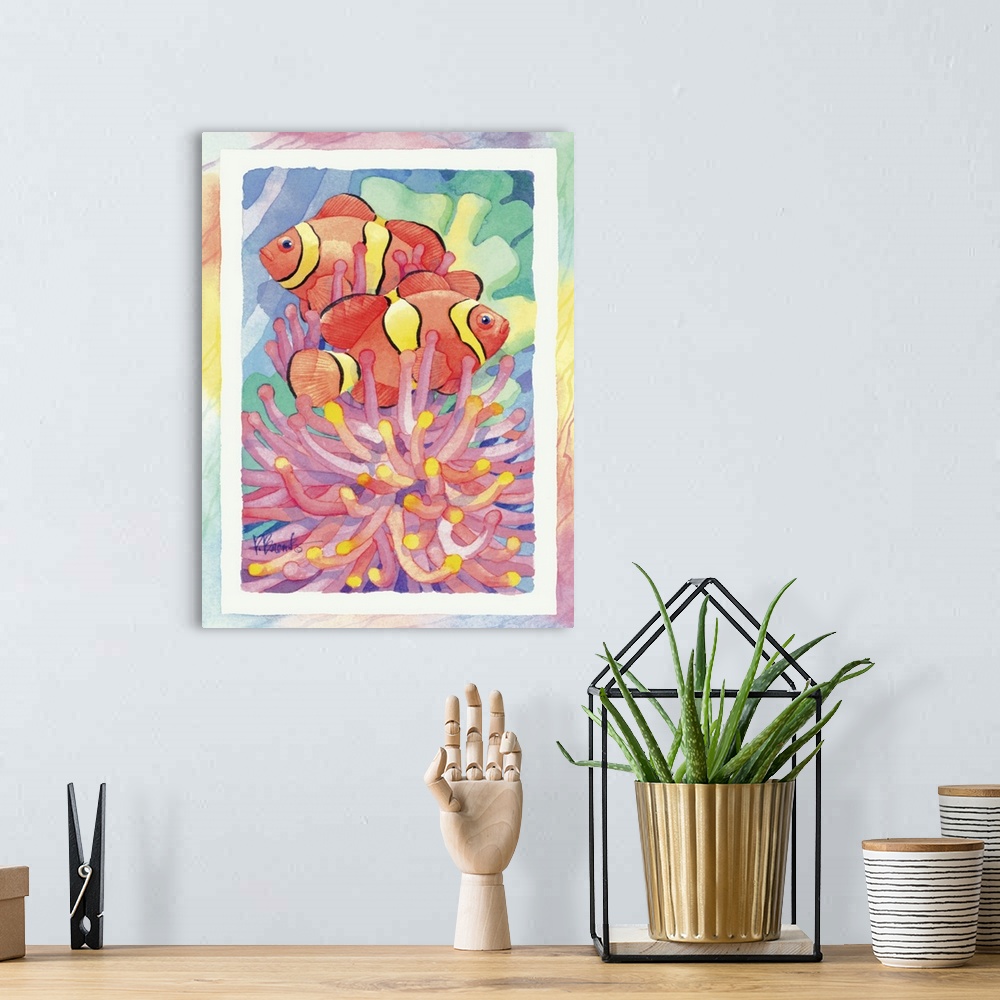 A bohemian room featuring Watercolor painting of two clownfish swimming near anemone, done in pastel colors.