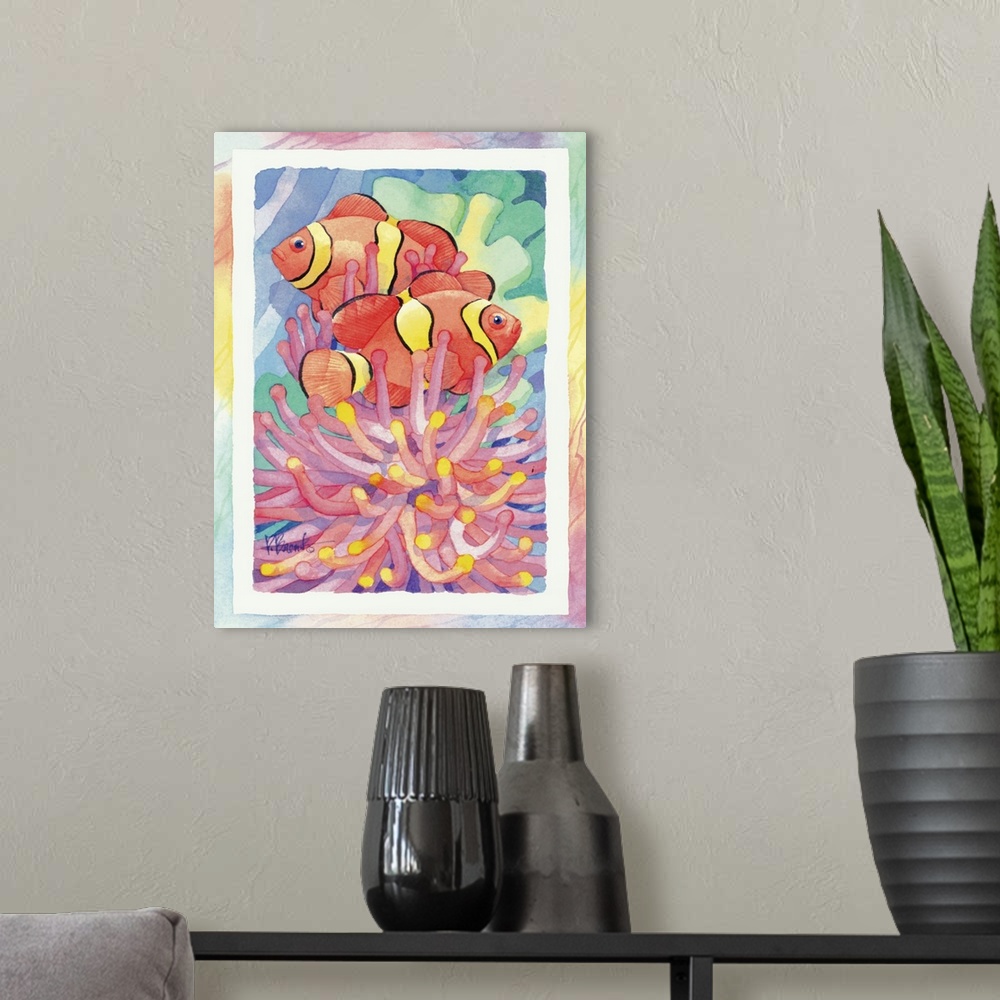 A modern room featuring Watercolor painting of two clownfish swimming near anemone, done in pastel colors.