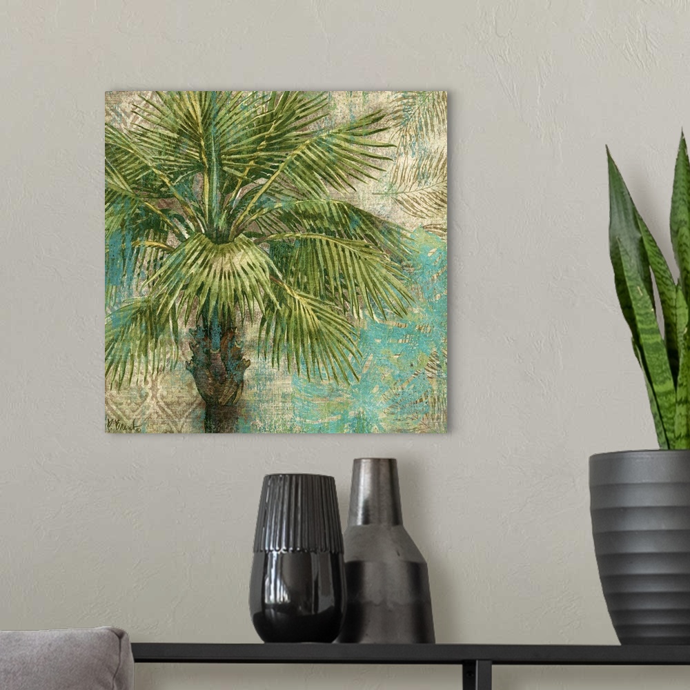 A modern room featuring Decorative painting of a palm tree on a background textured with palm leaves.