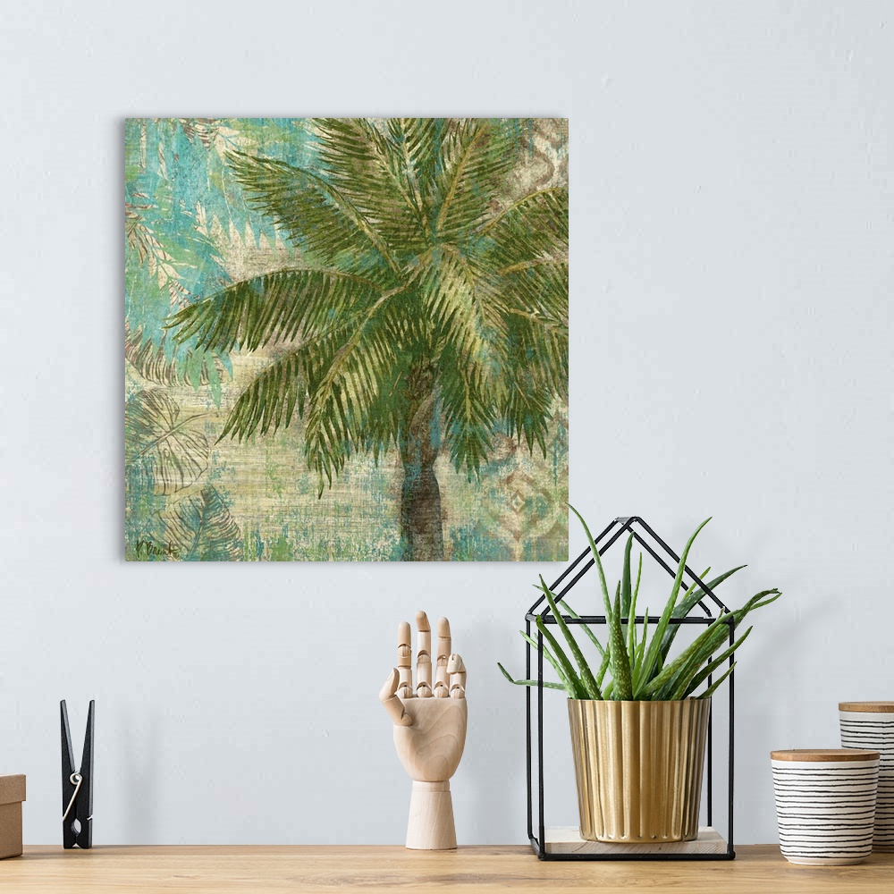 A bohemian room featuring Decorative painting of a palm tree on a background textured with palm leaves.