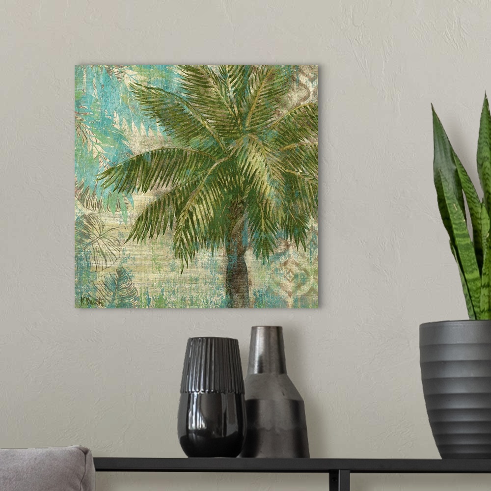 A modern room featuring Decorative painting of a palm tree on a background textured with palm leaves.