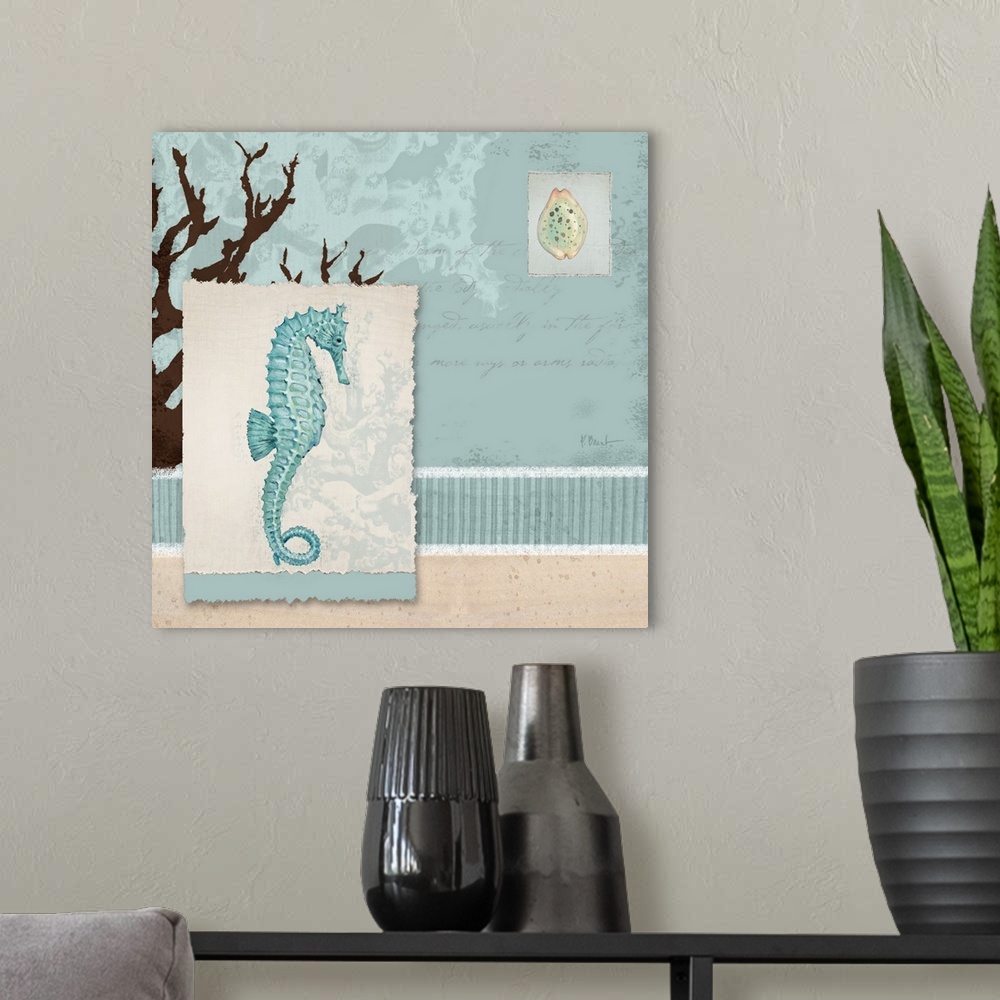 A modern room featuring Decorative panel made of nautical-themed elements, including a coral silhouette, a small shell, a...