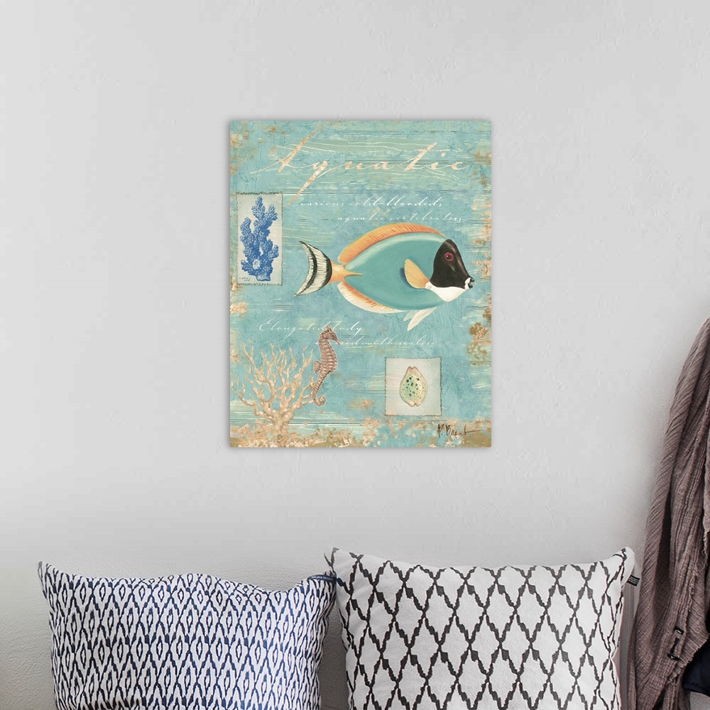 A bohemian room featuring Collage of a tropical fish and other marine elements, including shells and coral.