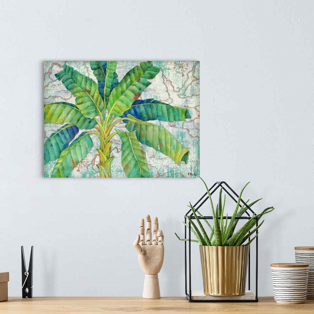 A bohemian room featuring Tropical decor with a painted palm tree in green and blue tones on an illustrated map background.