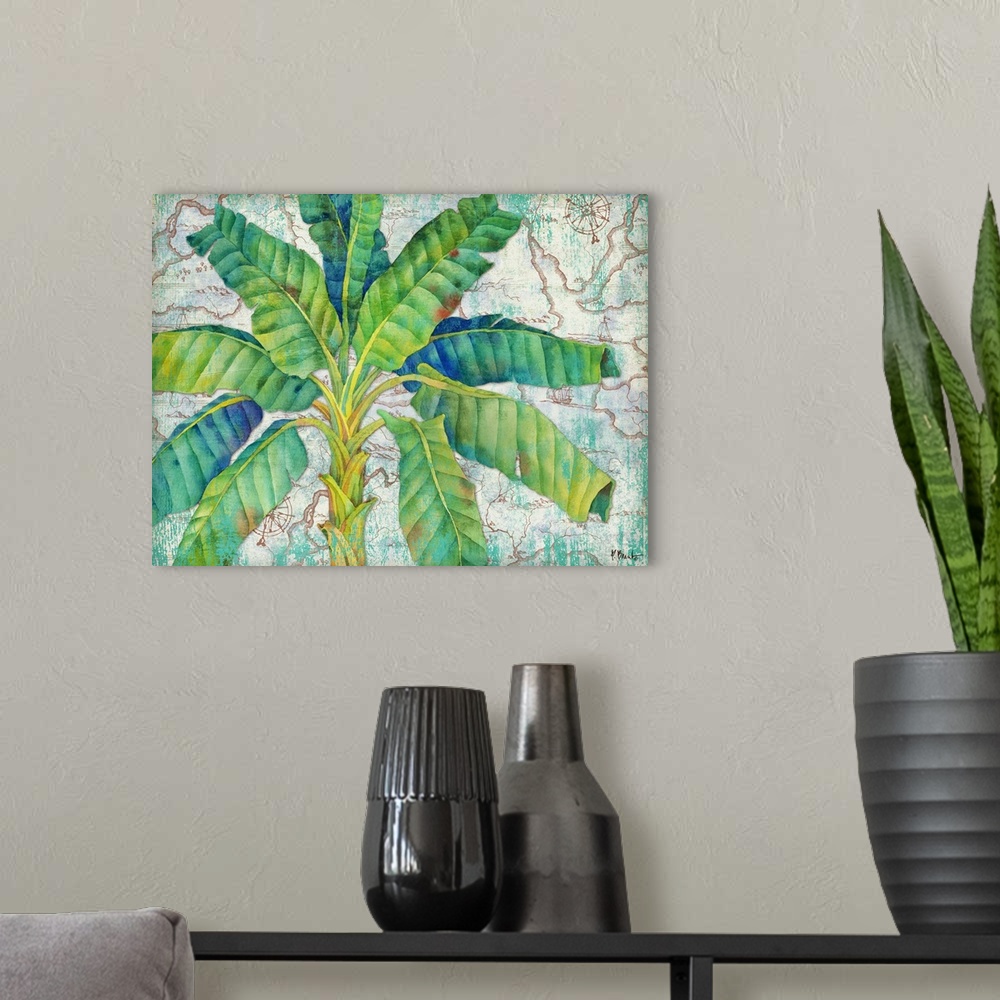 A modern room featuring Tropical decor with a painted palm tree in green and blue tones on an illustrated map background.