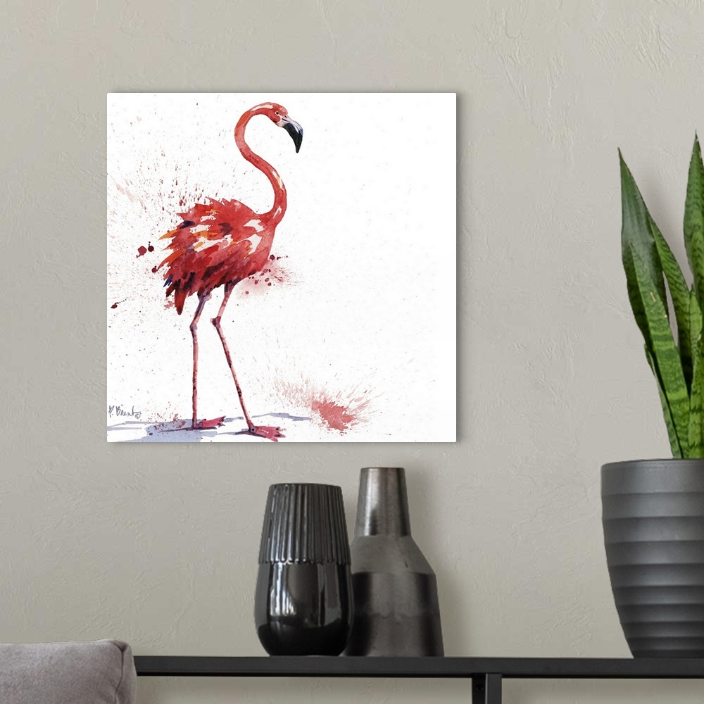 A modern room featuring Square watercolor painting of a flamingo on a white background with pink paint splatter.