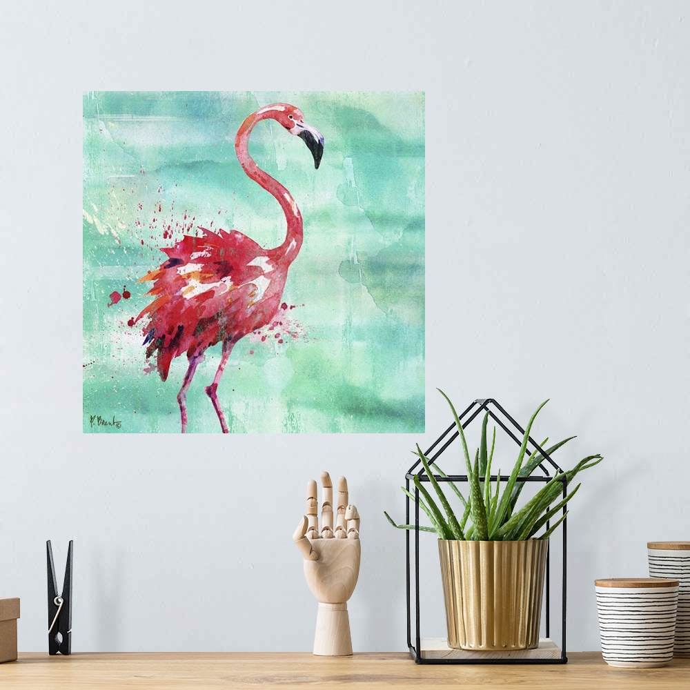 A bohemian room featuring Square watercolor painting of a pink flamingo on a blue and green background with pink paint spla...
