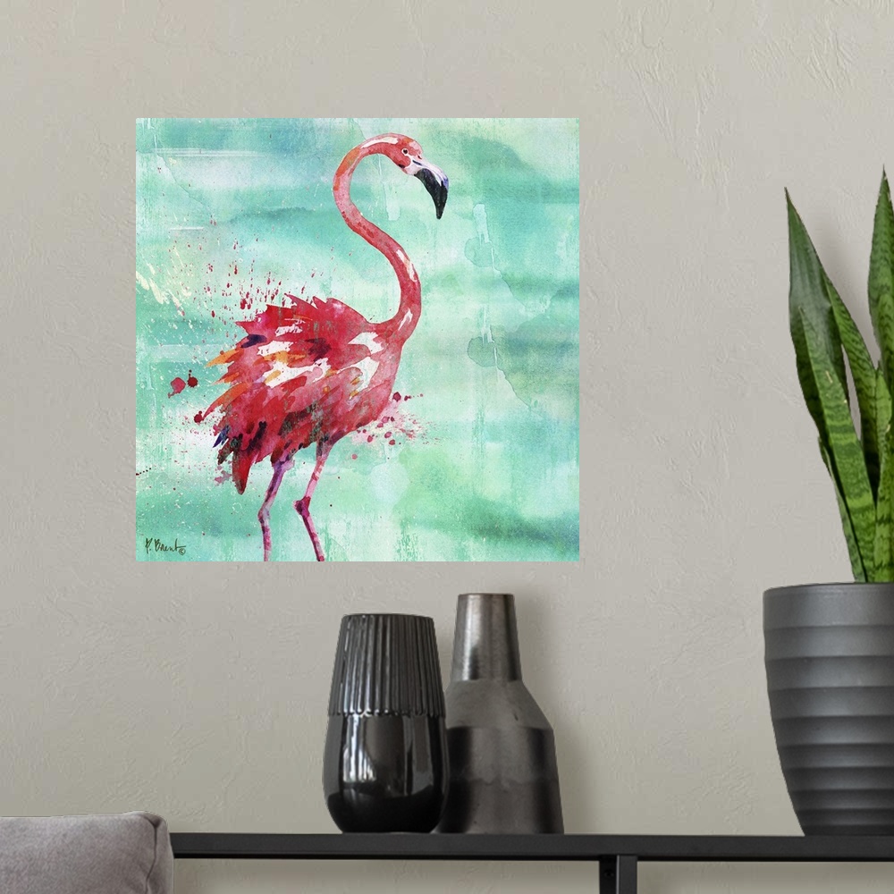 A modern room featuring Square watercolor painting of a pink flamingo on a blue and green background with pink paint spla...