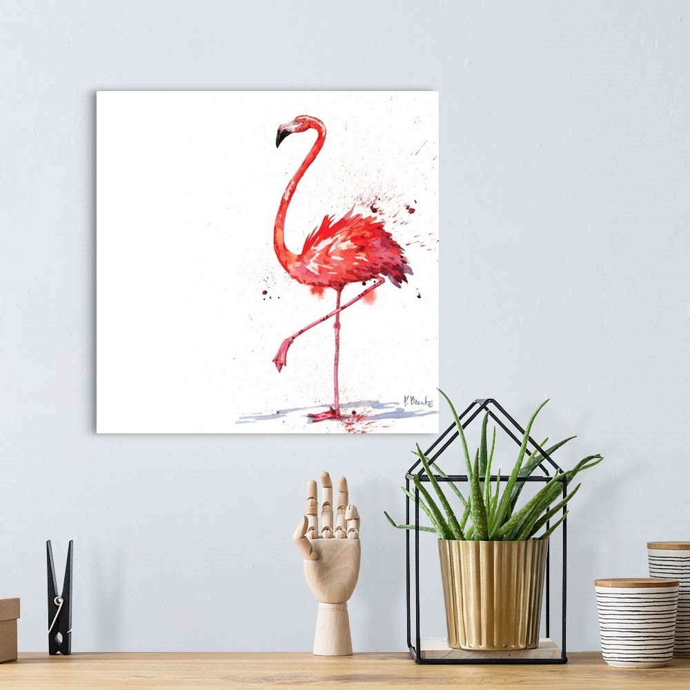 A bohemian room featuring Square watercolor painting of a flamingo on a white background with pink paint splatter.
