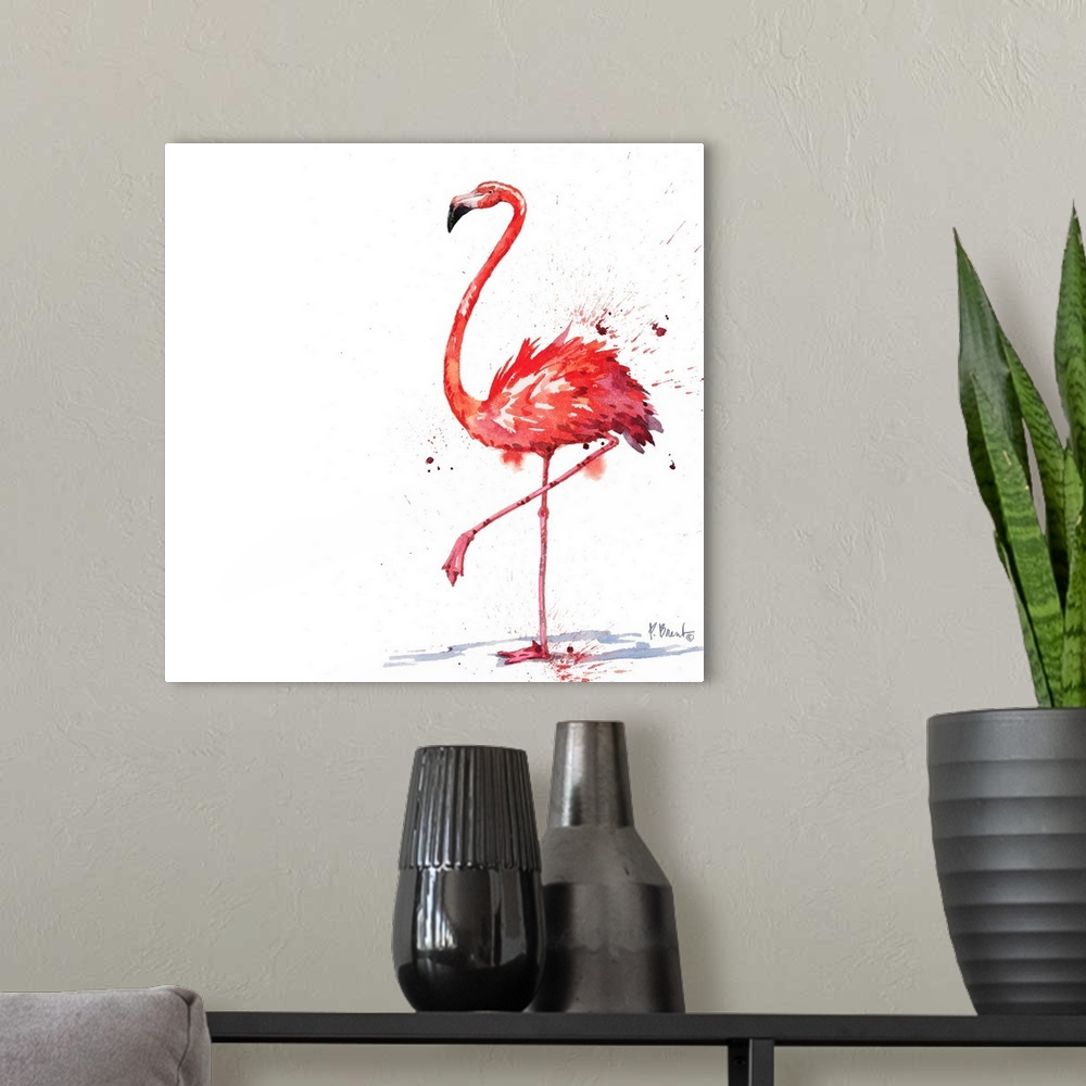 A modern room featuring Square watercolor painting of a flamingo on a white background with pink paint splatter.