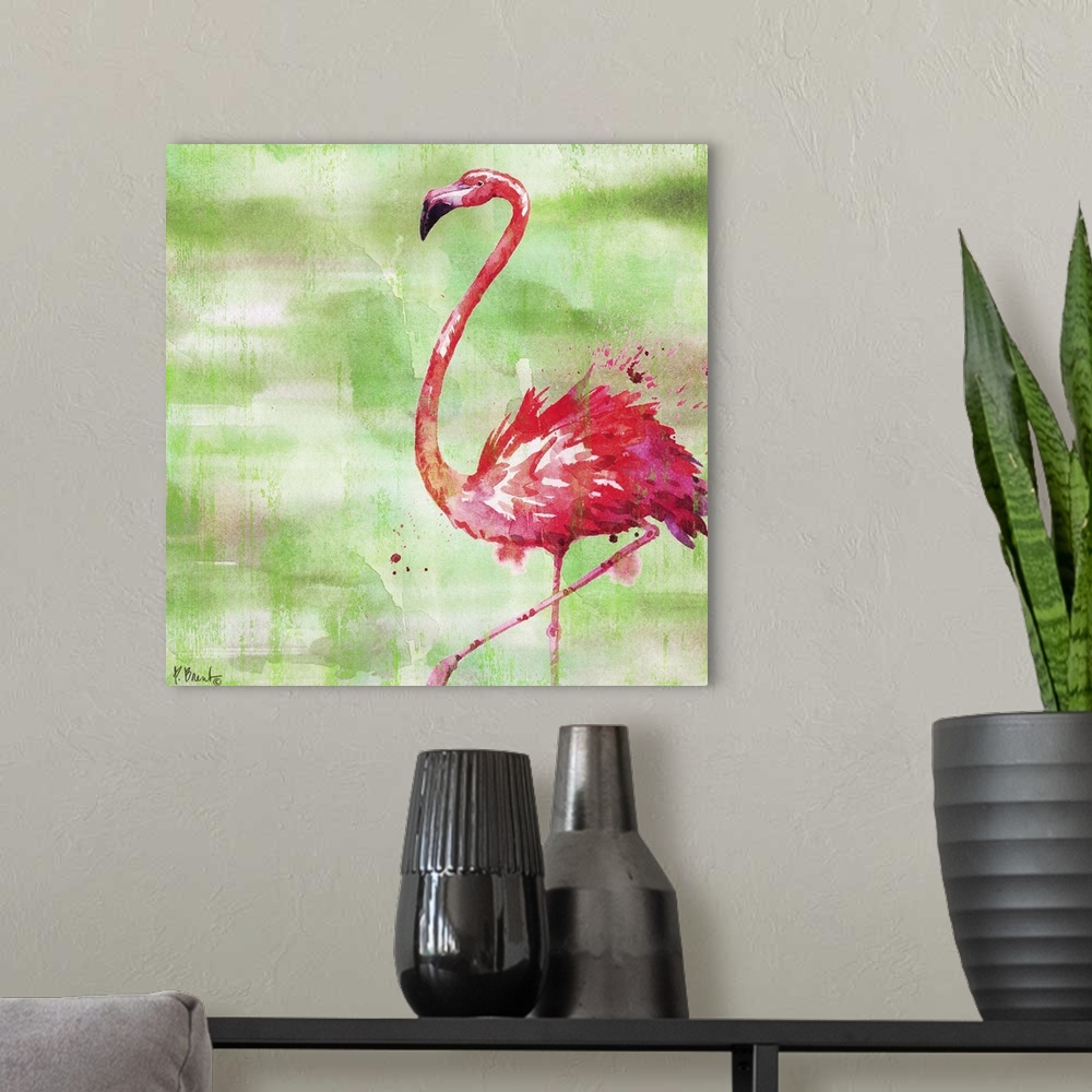 A modern room featuring Square watercolor painting of a pink flamingo on a green and brown background with pink paint spl...