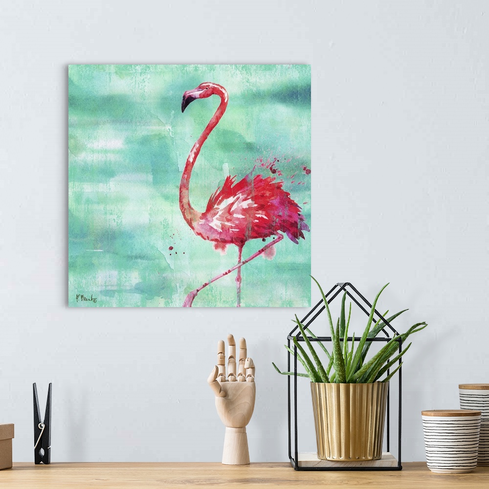 A bohemian room featuring Square watercolor painting of a pink flamingo on a blue and green background with pink paint spla...
