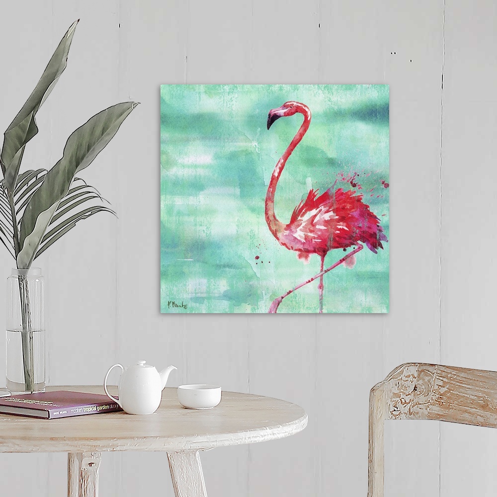 A farmhouse room featuring Square watercolor painting of a pink flamingo on a blue and green background with pink paint spla...