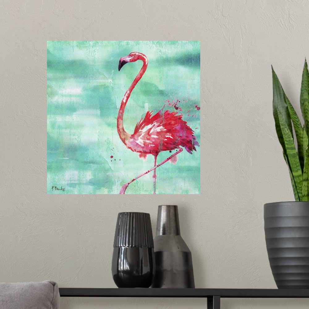 A modern room featuring Square watercolor painting of a pink flamingo on a blue and green background with pink paint spla...
