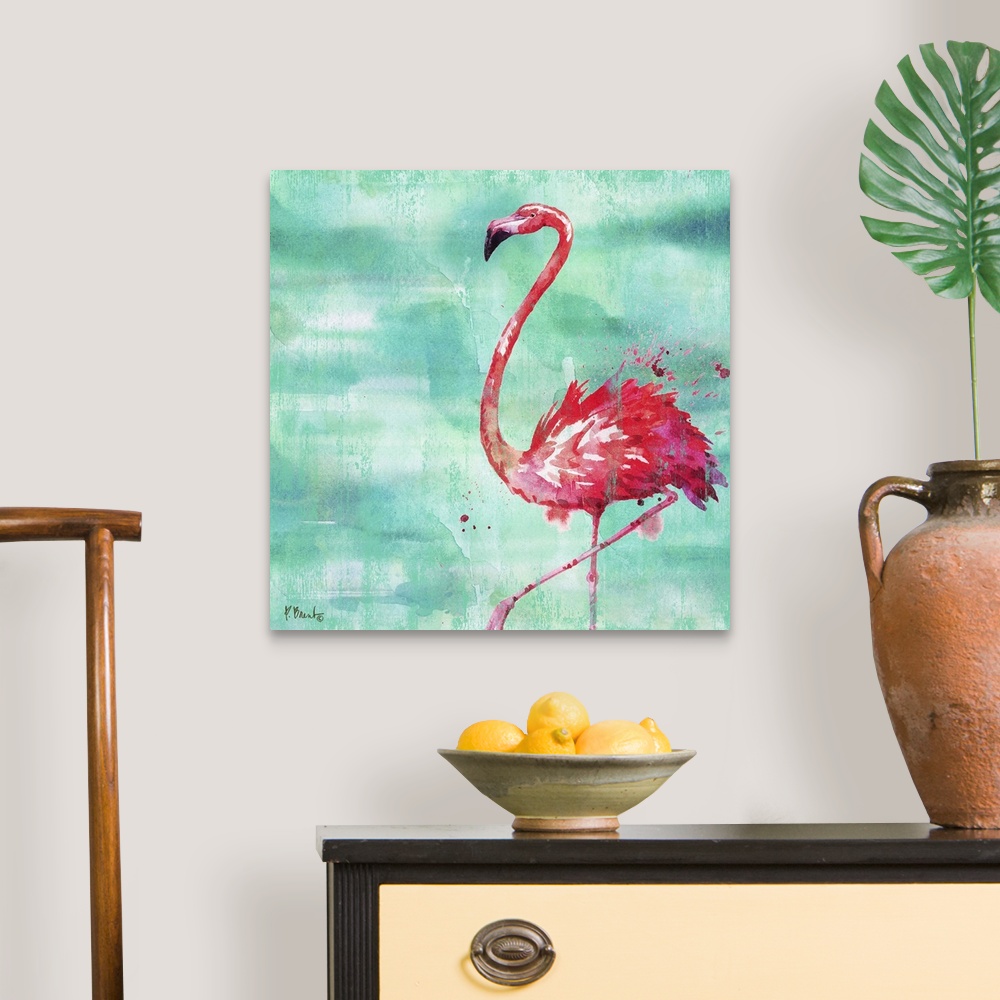 A traditional room featuring Square watercolor painting of a pink flamingo on a blue and green background with pink paint spla...