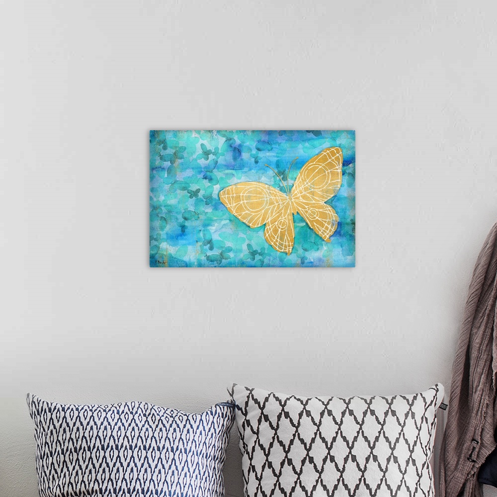 A bohemian room featuring Metallic gold butterfly on a blue background covered in smaller silhouetted butterflies.