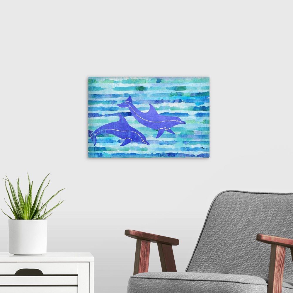 A modern room featuring Two dolphins swimming on a striped watercolor background made with shades of blue and green.