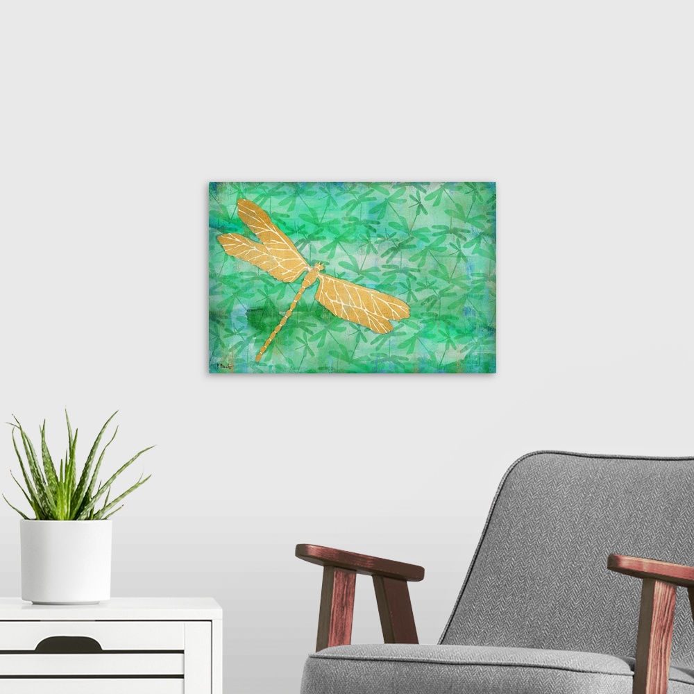 A modern room featuring Metallic gold dragonfly on a green and blue background covered in smaller silhouetted dragonflies.