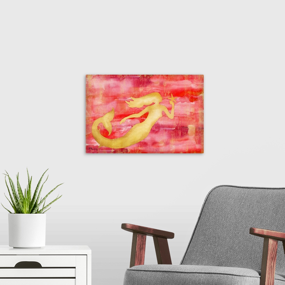 A modern room featuring Metallic gold silhouette of a mermaid holding a starfish on a pink watercolor background.