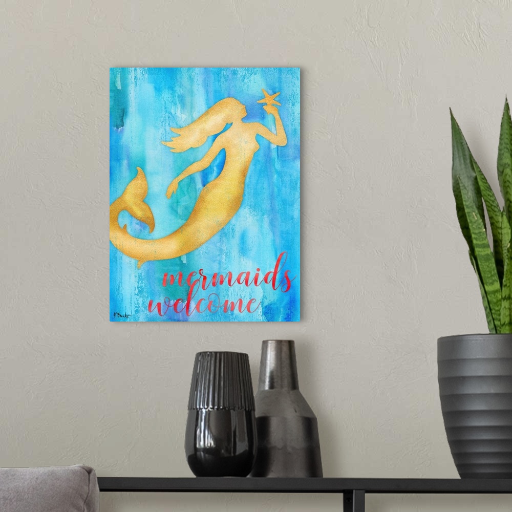 A modern room featuring Metallic gold silhouette of a mermaid holding a starfish on a blue watercolor background with "Me...