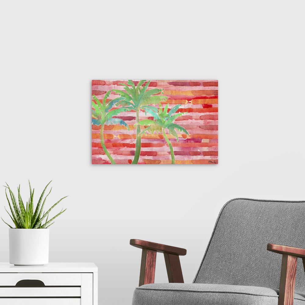 A modern room featuring Large watercolor painting with blue and green palm trees on a pink, red, and gold striped backgro...