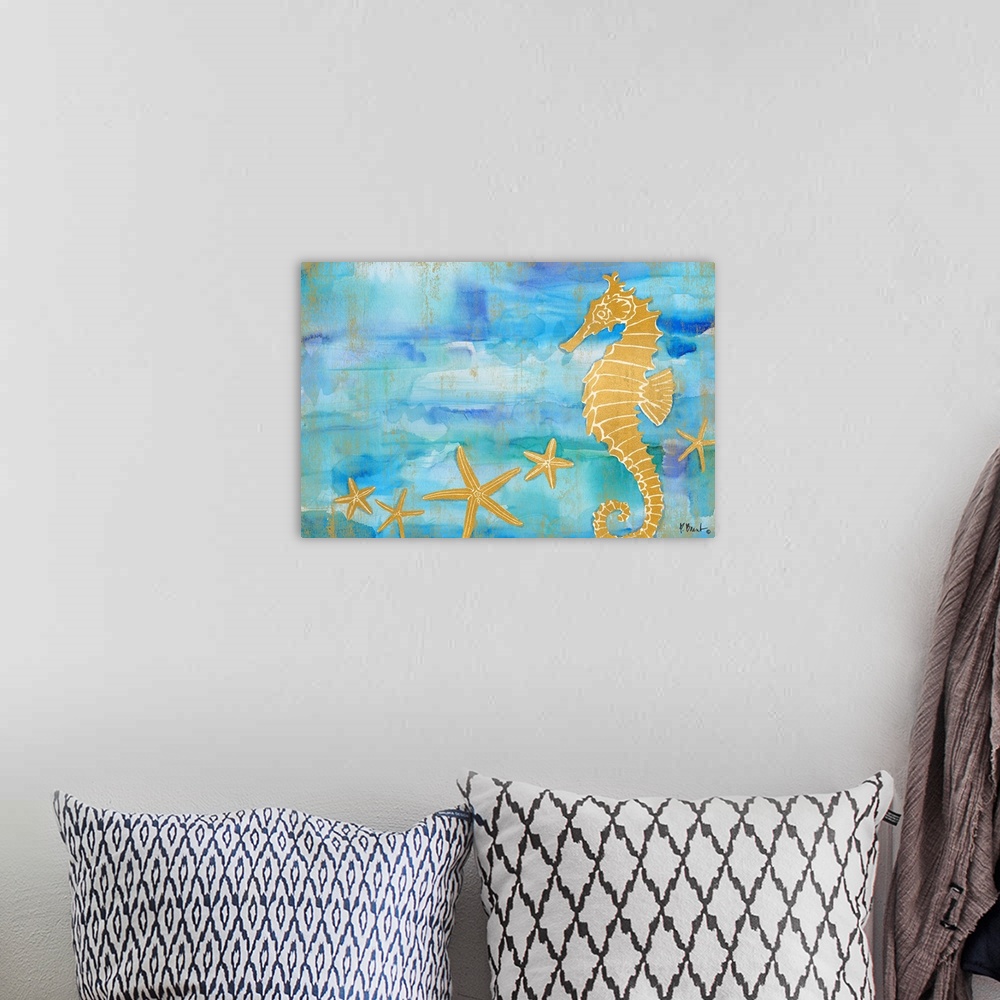 A bohemian room featuring Metallic gold seahorse and starfish on a blue and green watercolor background.