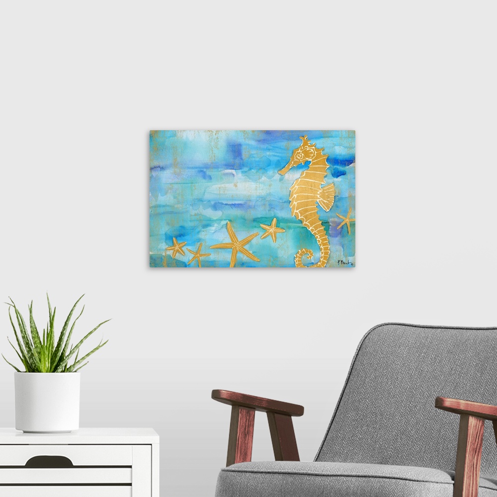 A modern room featuring Metallic gold seahorse and starfish on a blue and green watercolor background.
