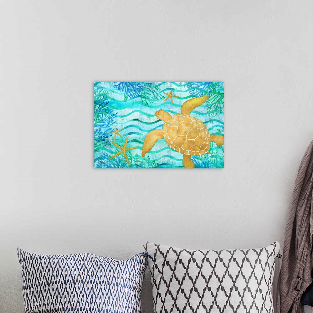 A bohemian room featuring Metallic sea turtle and starfish in a blue and green ocean scene with coral and seaweed.