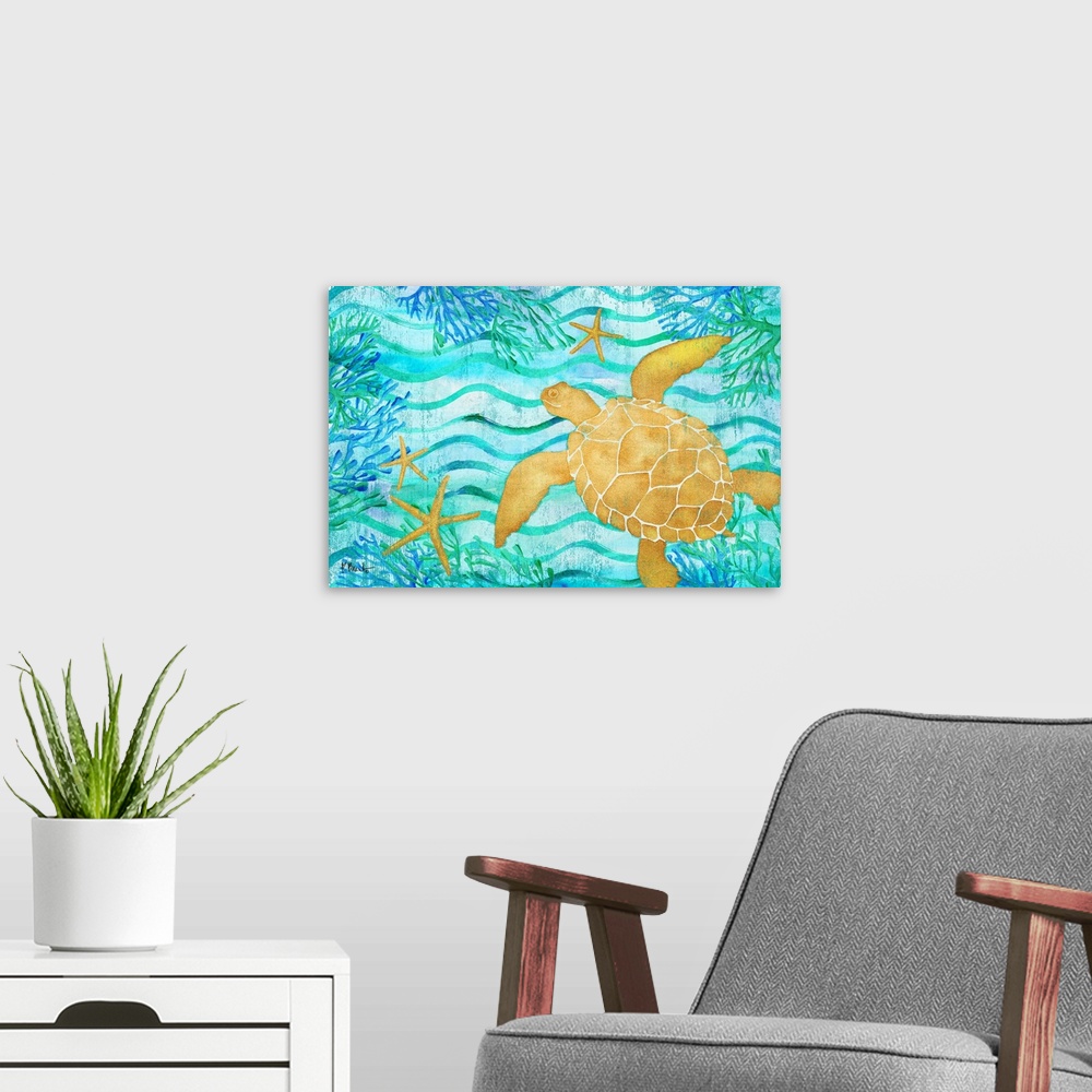 A modern room featuring Metallic sea turtle and starfish in a blue and green ocean scene with coral and seaweed.