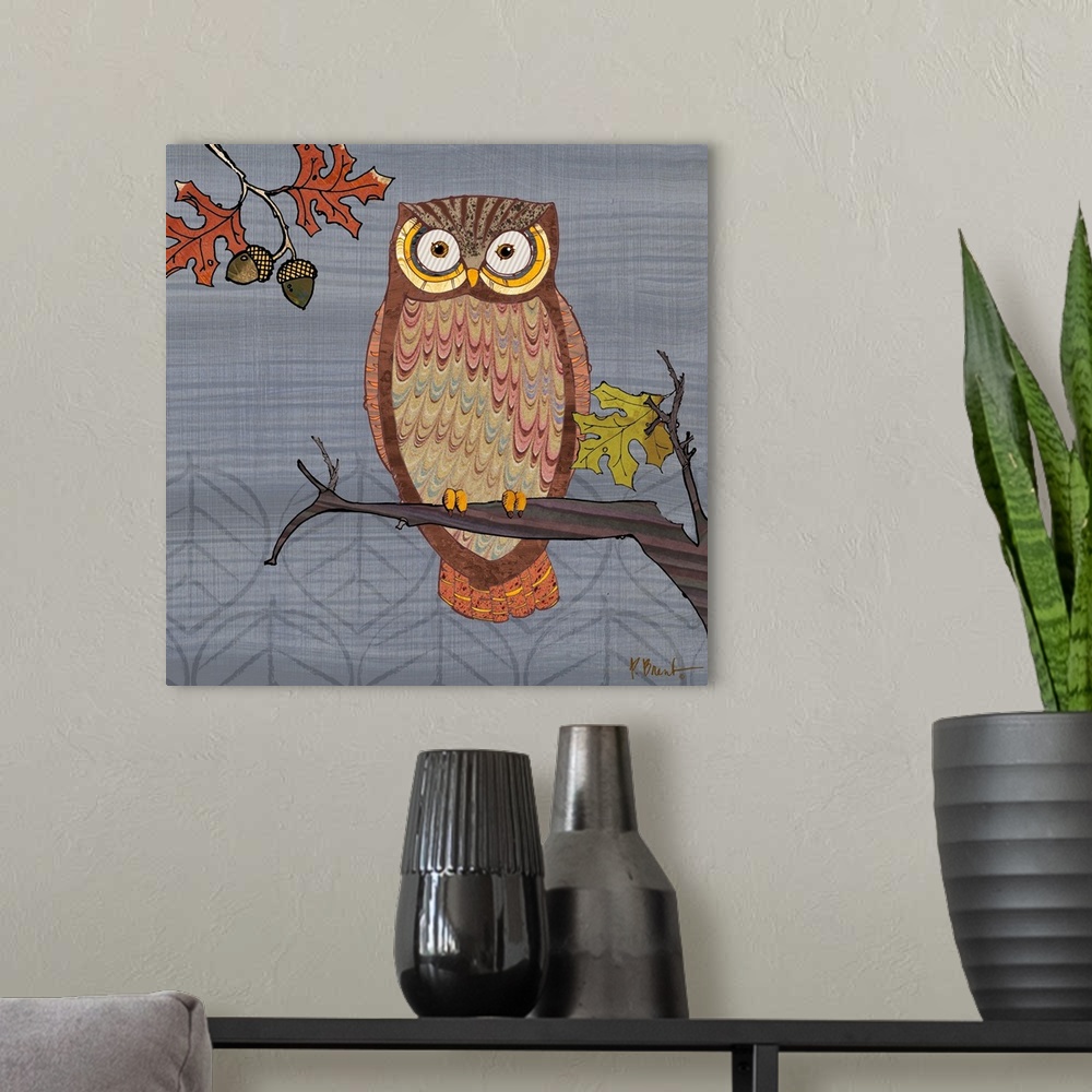 A modern room featuring Cute collage of a an owl with large eyes sitting in a tree.