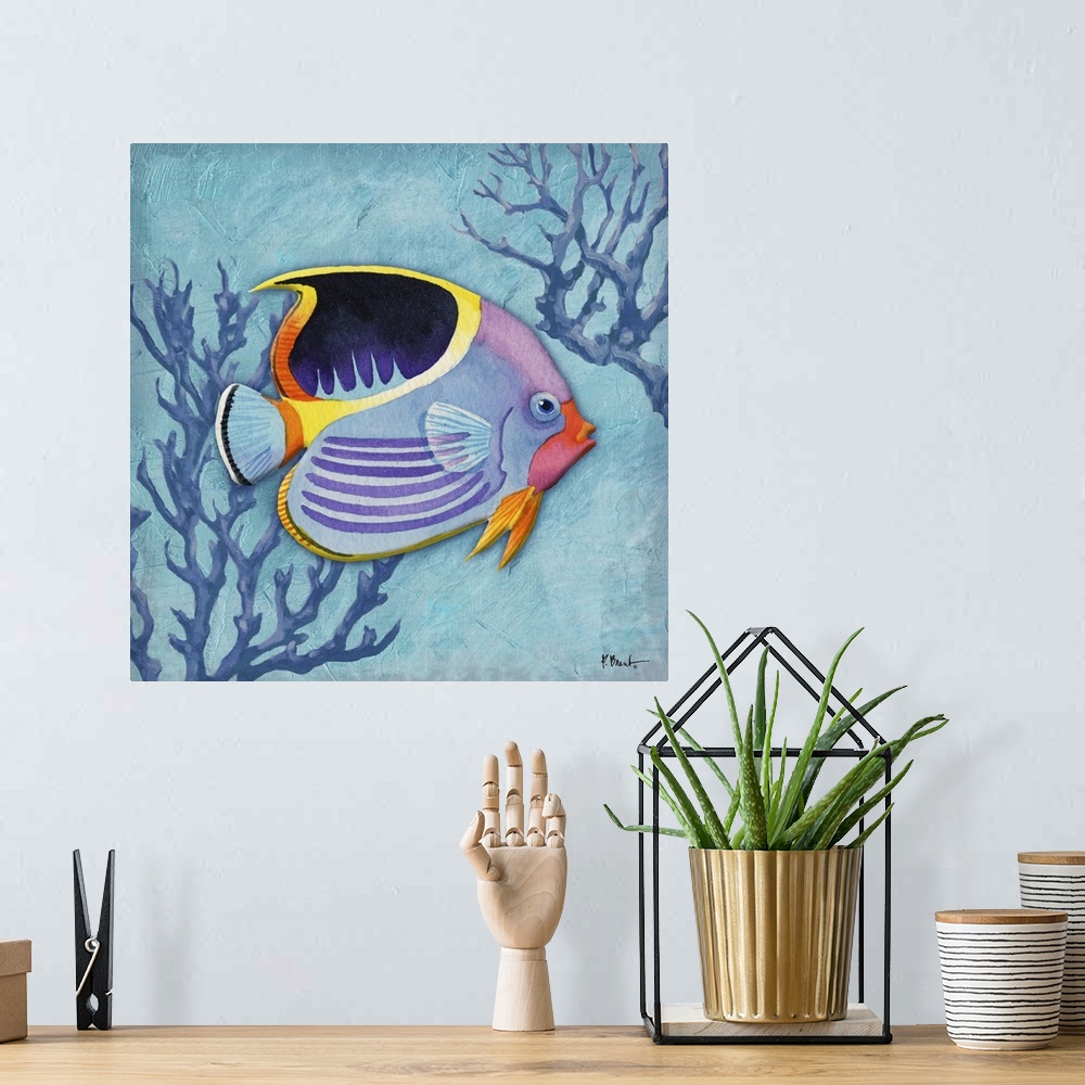 A bohemian room featuring Contemporary painting of a tropical fish with two pieces of coral.