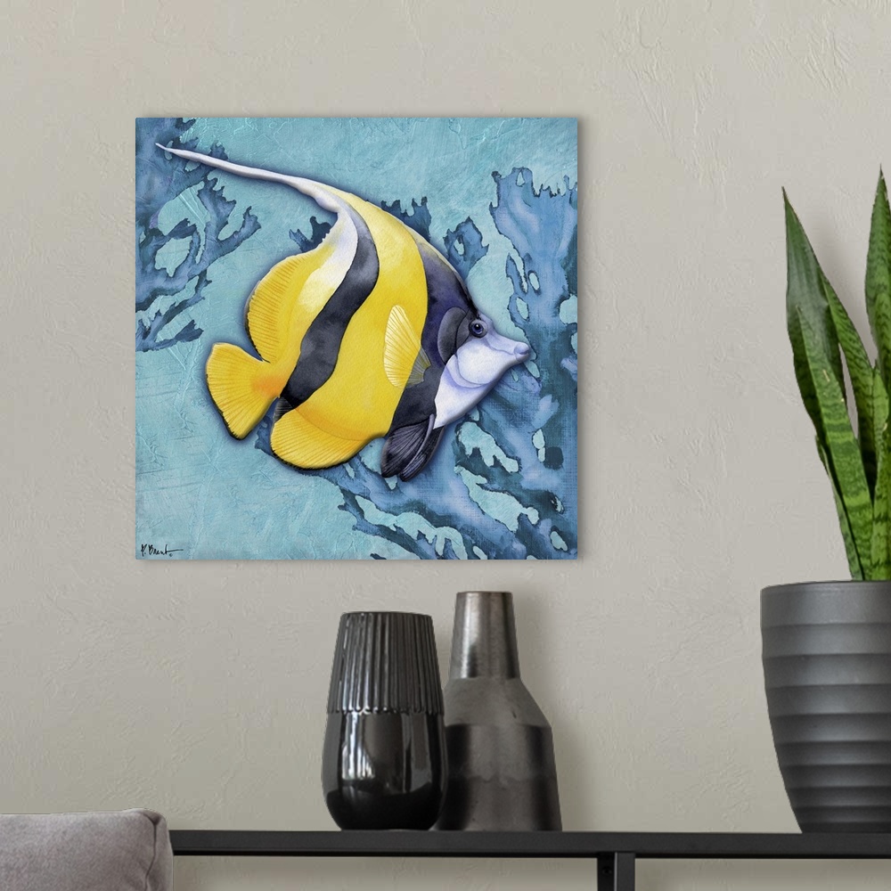 A modern room featuring Contemporary painting of a tropical fish with two pieces of coral.