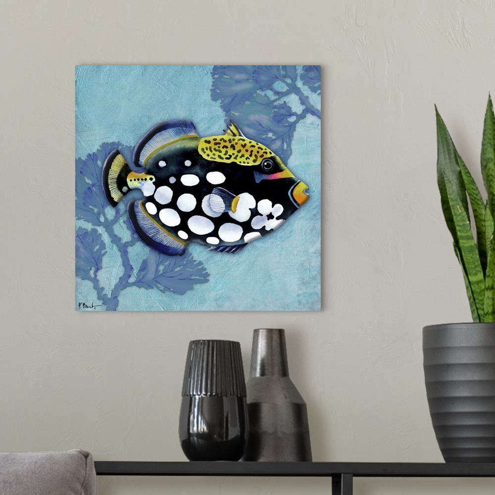 A modern room featuring Contemporary painting of a tropical fish with two pieces of coral.