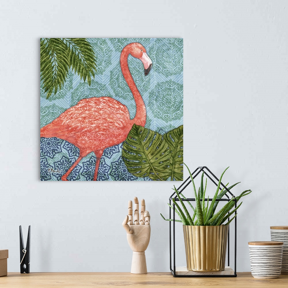 A bohemian room featuring Painting of a flamingo with palm leaves on a patterned batik-style background.