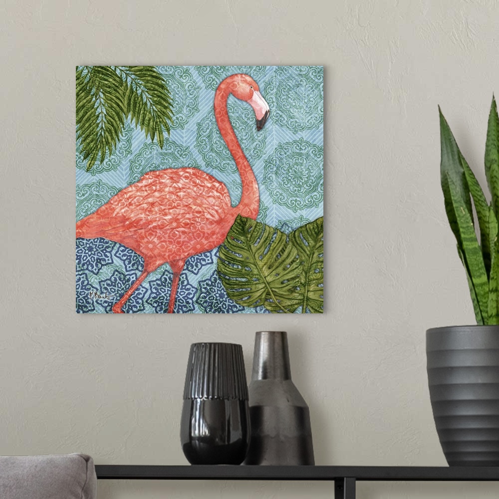 A modern room featuring Painting of a flamingo with palm leaves on a patterned batik-style background.