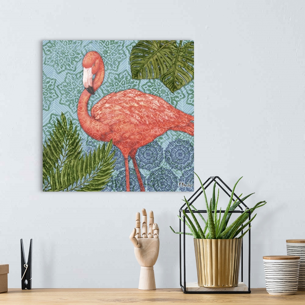 A bohemian room featuring Painting of a flamingo with palm leaves on a patterned batik-style background.
