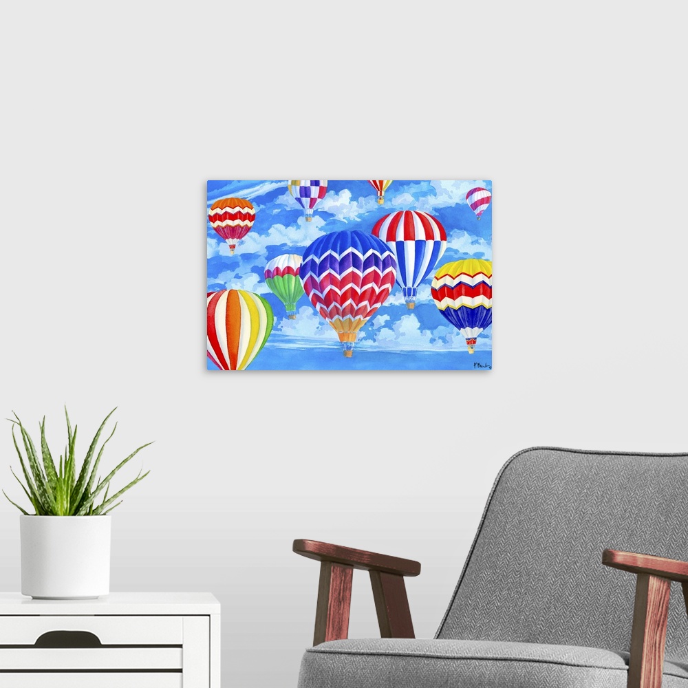 A modern room featuring Painting of a sky filled with hot air balloons with rainbow patterns.