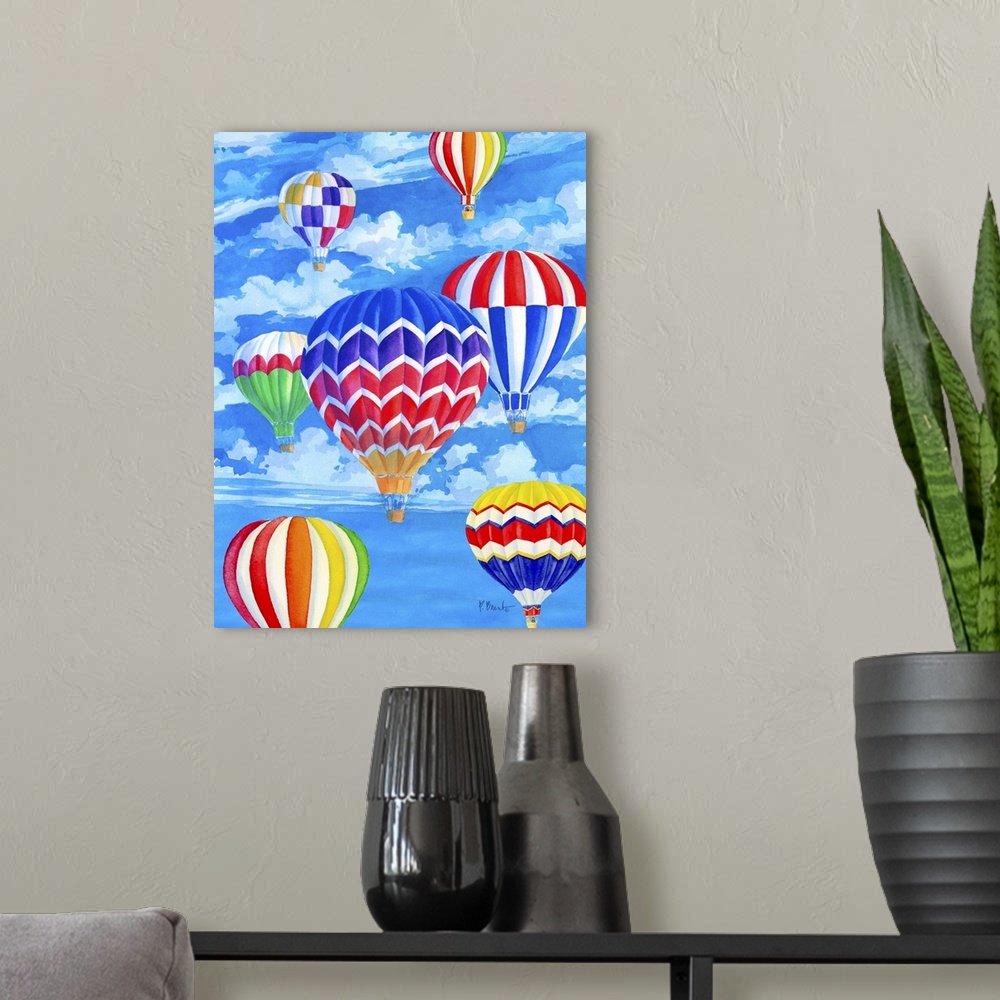A modern room featuring Painting of a sky filled with hot air balloons with rainbow patterns.