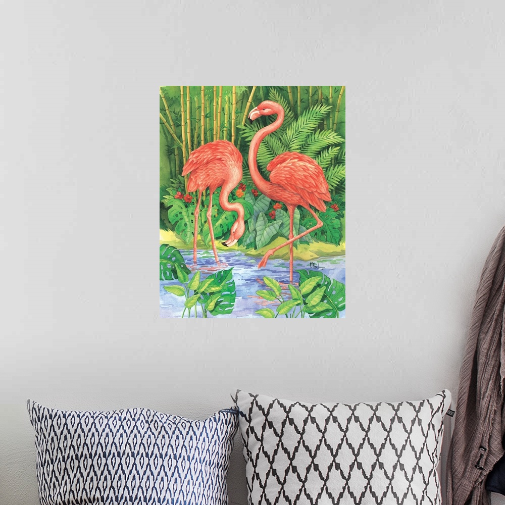 A bohemian room featuring Watercolor painting of two pink flamingos in a tropical pond.